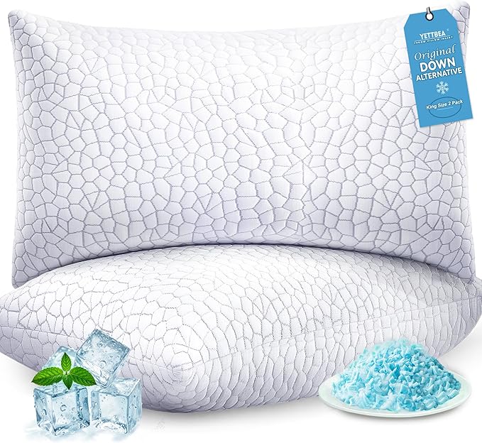 Yettbea Adjustable Shredded Memory Foam Pillows King Size Set of 2, Luxury Bamboo Cooling Pillow w/Washable Zippered Cover, Soft or Firm Support Bed Pillow for Side, Back, Stomach Sleeper