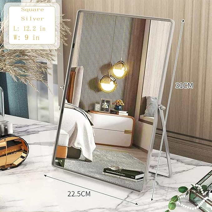 Makeup Vanity Mirror Portable Desktop Mirror with Metal Stand Adjustable 90° Rotation Desk Mirrors for Dressing Room,Bedroom, Bathroom,Tabletop,Square Silver