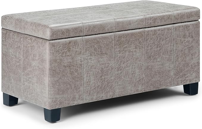 SIMPLIHOME Dover Storage Ottoman Bench - 36 inch Wide Upholstered Vegan Leather Rectangular Lift-Top Ottoman in Distressed Grey Taupe, Contemporary Bench for Living Room with Safety Hinges