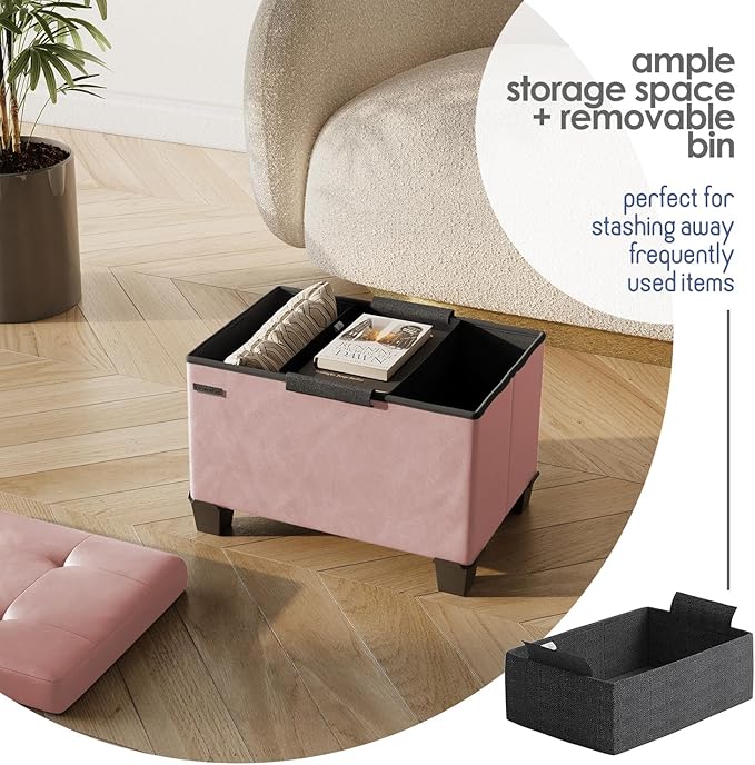 Storage Ottoman Cube with Small Bin, 16-in Square Ottoman with Storage for Living Room and Bedroom, Small Ottomans Foot Rest, Leather Foot Stools Ottomans Max 330lbs, Pink