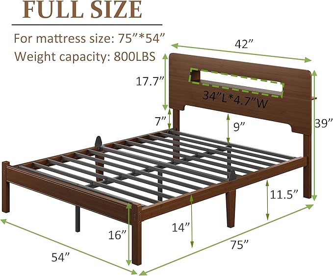 ZIYOO Full Size 14 Inch Walnut Bamboo Bed Frame, Durable Platform Bed Base with Strong Support Slats, Stylish Bed Frame for Bedroom, Dorm & Guest Room