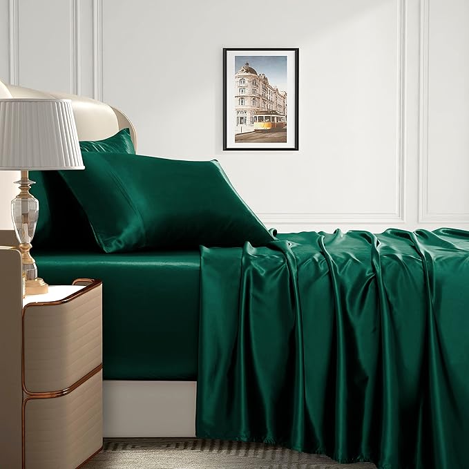 Homiest 4pcs Extra Deep Pocket Satin Sheets - Full Size Bed Set, 18-24 Inch Deep Pocket, Blackish Green Satin Bedding Set Fits Ultra Deep Mattress