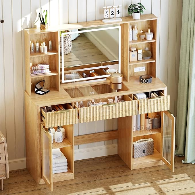 51" Large Vanity,Modern Fluted Makeup Vanity Desk with Mirror and Lights, Glass Top Vanity with 3 Drawers and 2 Cabinets&Charging Station,Dressing Table for Women and Girls’ bedrooms. Oak