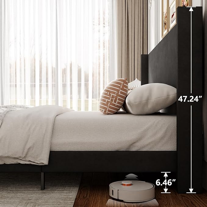 Sismplly Full Bed Frame with Wingback Headboard, Velvet Upholstered Platform Bed with Wooden Slats, 6.46“ Under Bed Storage, Metal Support, Noise Free, No Box Spring Needed, Gray