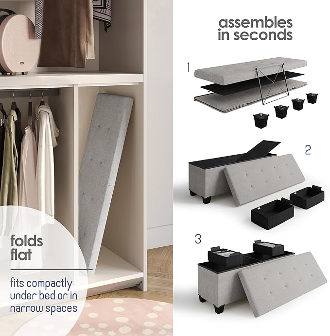 Storage Ottoman Bench with Bins, 43-in Storage Bench for Bedroom End of Bed, Folding Foot Rest Ottoman for Living Room Max 660lbs, Fabric Ottomans, Light Grey