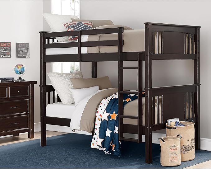 DHP Dylan Convertible Wood Bunk Bed, Stackable and Detachable Bed Frames for Kids and Teens, with Ladder, High Guardrail, Wood Slats, No Boxspring Required, Twin-Over-Twin, Espresso