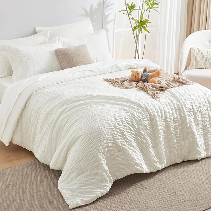 CozyLux Queen Comforter Set Ivory Seersucker 7 Pieces Bed in a Bag Queen Comforter Set with Sheets, Luxury Soft Bedding Sets with Down Alternative Comforter, Sheets, Pillowcases & Shams for All Season