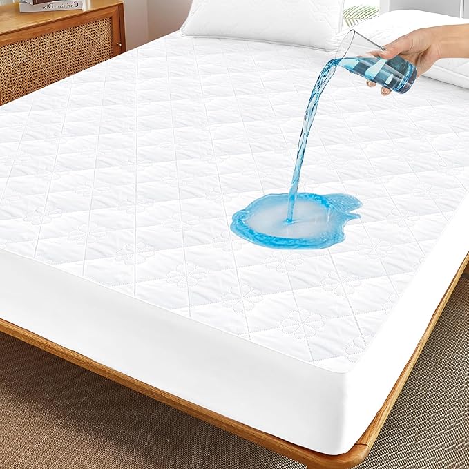 Waterproof Mattress Protector, Noiseless Twin Size Mattress Pad with Deep Pocket Fitted Up to 6-12 inches, Soft Breathable Bed Mattress Cover Washable for Bedroom, Hotel (1, White, Twin)