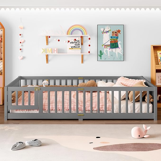 Bellemave Queen Floor Bed with Slats and Door, Queen Size Montessori Floor Bed with Fence and Door, Easy Assemble Montessori Beds Frame for Girls, Boys, Gray