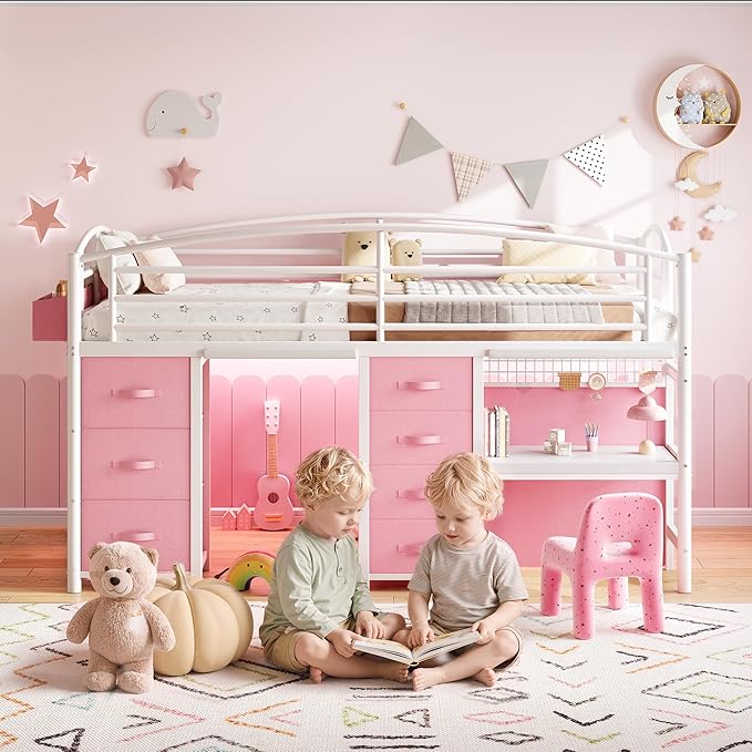 Low Loft Bed Twin Size with 7 Storage Drawers, Desk and LED Lights, Heavy Duty Metal Kids Loft Bed with 12" H Safety Guardrail, Anti-Collision Pad, Private Play Curtain, Under-Bed Play Space - Pink