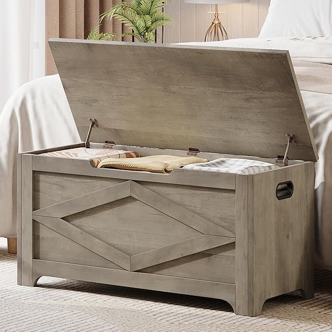 GarveeHome 39.4 in Storage Chest, Wooden Storage Bench with Safety Hinges, Easy Assembly, Large Shoe Bench for Entryway, Living Room, Bedroom