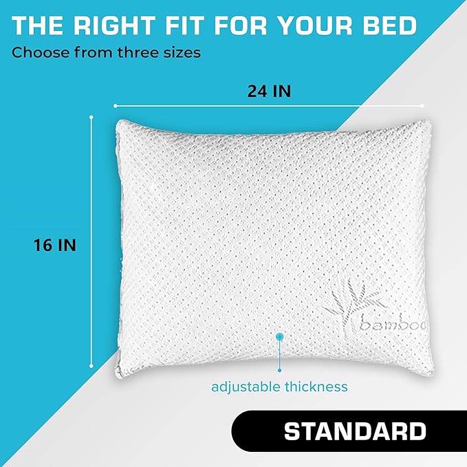 GREENGUARD Certified Standard Bed Pillows for Sleeping (2 Pack) | Adjustable Shredded Memory Foam Pillows with Removable Cooling Cover | Fluffy Pillows Support for Side, Back & Stomach Sleeper