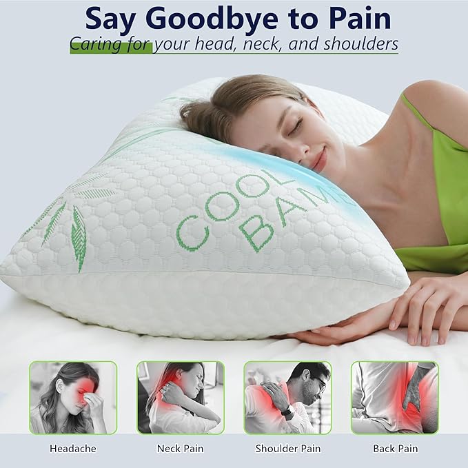 Cooling Pillows, Shredded Memory Foam Pillows King Size Set of 2 Adjustable Firm Bamboo Bed Pillows for Hot, Side, Back and Stomach Sleepers