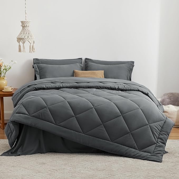 Love's cabin Twin XL Comforter Set Dark Grey, 5 Pieces Twin XL Bed in a Bag, All Season Bedding Sets with 1 Comforter, 1 Flat Sheet, 1 Fitted Sheet, 1 Pillowcase and 1 Pillow Sham | Soft, Breathable, Lightweight, Comfortable
