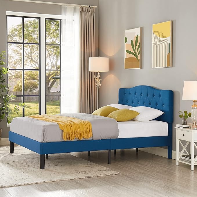 VECELO Full Size Bed Frame Upholstered Platform with Tufted Adjustable Headboard/Mattress Foundation Wood Slat Support/Easy Assembly,Grey