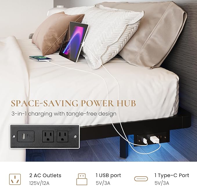 SHA CERLIN Floating Bed Frame King Size with Smart LED Lights and Charging Station, Heavy Duty Metal Platform Bed with Modern Design,No Box Spring Needed, Easy Assembly, Matte Black