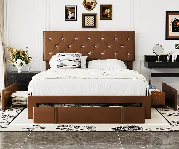 VECELO Full Size Bed Frame with 3 Storage Drawers, Leather Upholstered with Diamond Tufted Headboard, Solid Wood Slat Support & Steel Framework, PU & Brown