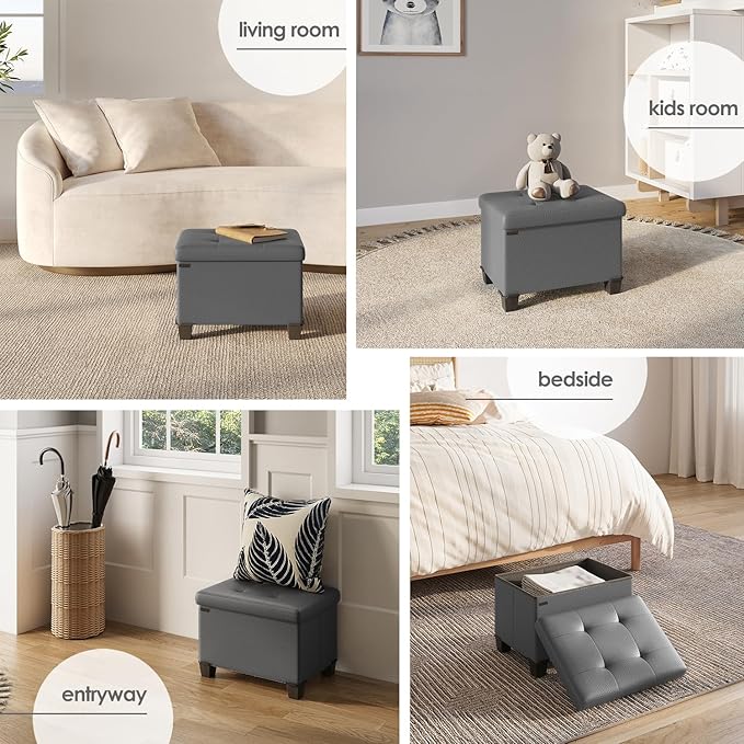 Storage Ottoman Cube with Small Bin, 16-in Square Ottoman with Storage for Living Room and Bedroom, Small Ottomans Foot Rest, Leather Foot Stools Ottomans Max 330lbs, Grey