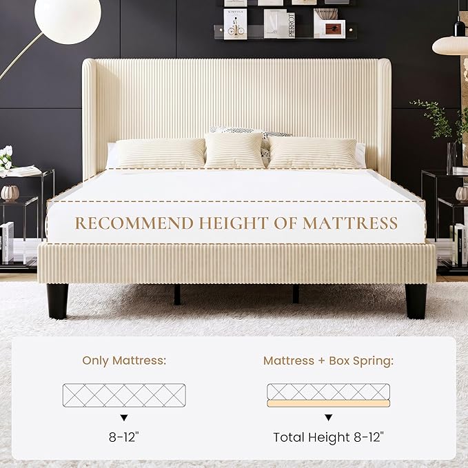 SHA CERLIN King Size Corduroy Upholstered Platform Bed Frame with Vertical Channel Tufted Wingback Headboard, 8" Under Bed Storage, Wooden Slats and Metal Frame Support, Easy Assembly, Cream