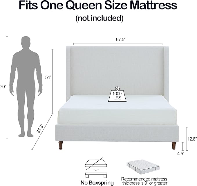 Queen Size Tall Headboard Bed, Boucle Upholstered Platform Bed Frame with 54" High Headboard, Sturdy Wooden Slats & Metal Frame, No Box Spring Required, Easy Assembly, Elegant Simplicity, Cream White