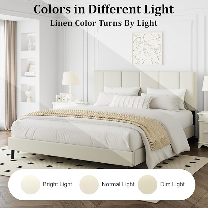 Queen Bed Frame, Padded Platform Bed Frame with Velvet Headboard, Vertical Quilted Design, Sturdy Slatted Mattress Base, No Spring Mattress Required, Easy to Assemble, Beige