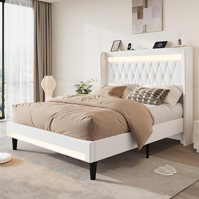 SHA CERLIN Full Size LED Bed Frame with Charging Station, Velvet Upholstered Platform Bed with High Wingback Headboard, No Box Spring Needed, Easy Assembly, White