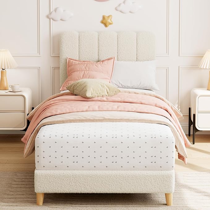 GarveeHome Twin Bed Frame, Upholstered Platform Bed with Wave Headboard for Girls/Kids, Easy Assembly, Wooden Slats Support, No Box Spring Needed, Boucle Beige
