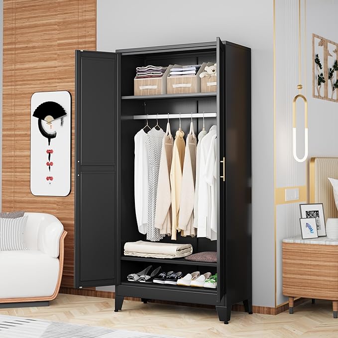 GAIOUS Metal Wardrobe Cabinet with Hanging Rod, 71" Metal Clothing Storage Cabinets with 2 Doors and Adjustable Shelves, Black Armoire Wardrobe Closet for Bedroom, Laundry Room, Cloak Room