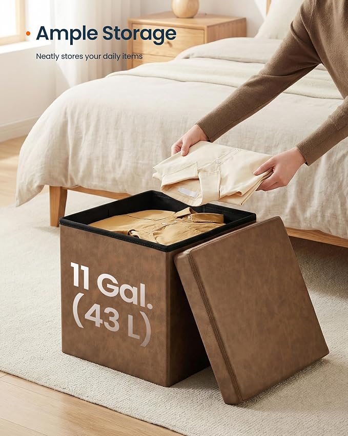 SONGMICS HOME Storage Ottoman, Removable Lid, Foldable Foot Stool, PU Leather, for Entryway, Living Room, Bedroom, 15.2 x 15.2 x 15.2 Inches, Brown