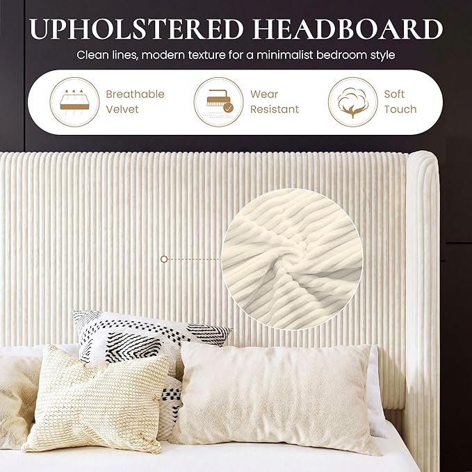 SHA CERLIN Full Size Corduroy Upholstered Platform Bed Frame with Vertical Channel Tufted Wingback Headboard, 8" Under-Bed Storage, Wooden Slats and Metal Frame Support, Easy Assembly, Cream