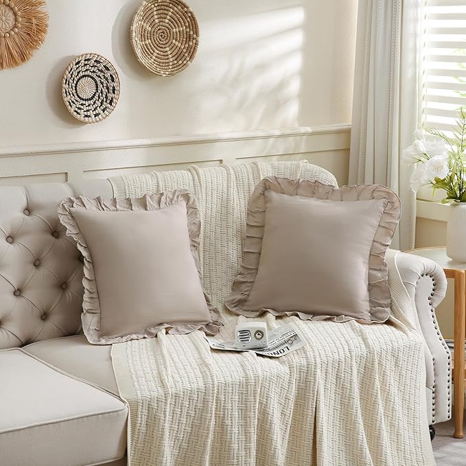 Merryword Taupe Pillowcases 18x18 Throw Pillow Covers Pack of 2 Soft Microfiber Ruffle Decorative Pillowcase Cushion for Couch Sofa Bedroom