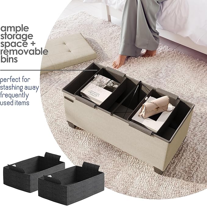 Storage Ottoman Bench with Bins, 30-in Storage Bench for Bedroom End of Bed, Folding Foot Rest Ottoman for Living Room Max 660lbs, Fabric Ottomans, Beige