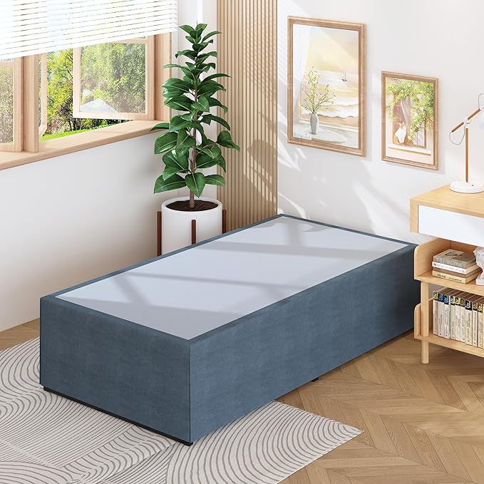Lutown-Teen 18 Inch Twin XL Bed Frames with Fabric Bed Cover, Heavy Duty Sturdy Metal XL Twin Platform Bed Frame No Box Spring Needed, Noise Free, Easy Assembly, Black and Blue