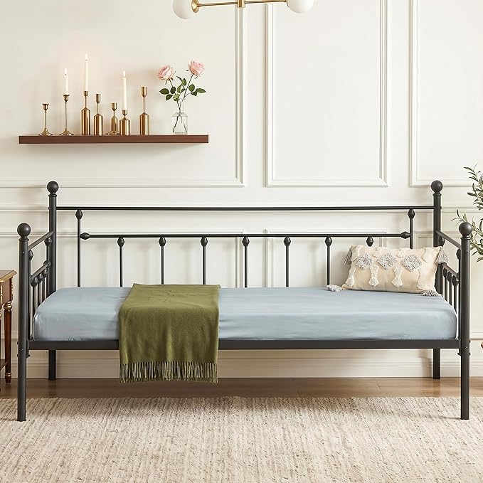 VECELO Daybed Frame, Twin Size Metal Platform Bed with Headboard,Heavy Duty Steel Slats Support for Living Room Bedroom Guest Room, Easy Assembly