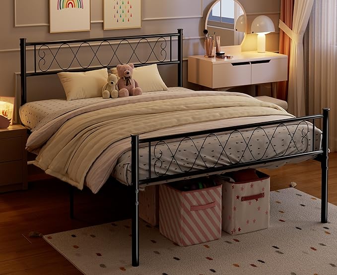 GarveeHome Twin-XL SizeMetal Bed Frame with Headboard & Footboard 13.7 Inch Metal Platform Mattress Foundation Support with Strong Metal Slats, Under Bed Storage, No Box Spring Needed