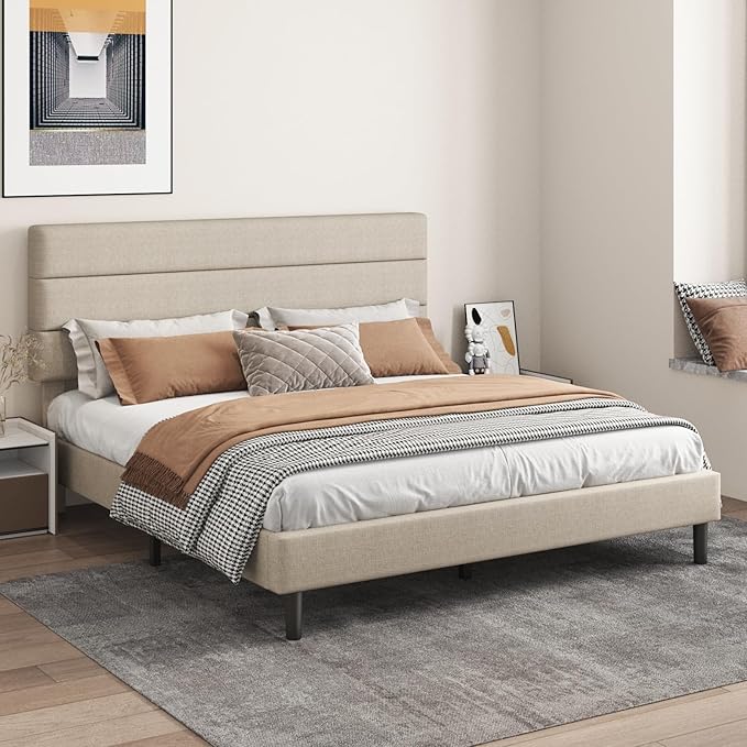 King Platform Bed Frame with Adjustable Linen Fabric Upholstered Headboard, Strong Slats Support, Noise-Free, No Box Spring Required, Easy Assembly for Bedroom Guest Room, Beige