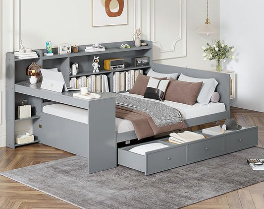 Merax Full Size Corner Bed Frames with Desk and 3 Storage Drawers & USB Port Shelves Headboard, Pinewood U-Shaped Captain Daybed for Small Room, Bedroom, Guest Room, Kids' Room, Grey