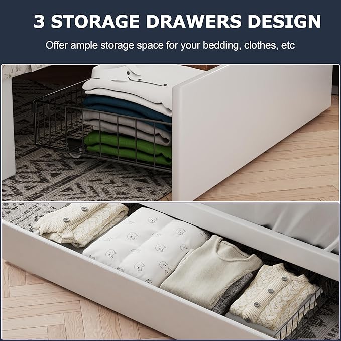 VECELO Queen Size Bed Frame with 3 Storage Drawers, Leather Upholstered with Diamond Tufted Headboard, Solid Wood Slat Support & Steel Framework, PU & White