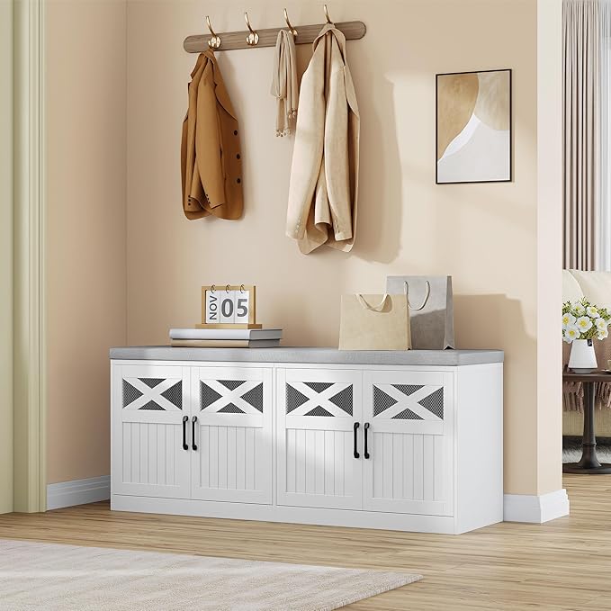 Hzuaneri 2 Tier Shoe Storage Bench with Doors, 47.2" Farmhouse Shoe Bench with Padded Cushion, 12 Pairs of Bed End Bench, Entryway Bench with Storage for Bedroom, Living Room, White SB61203X