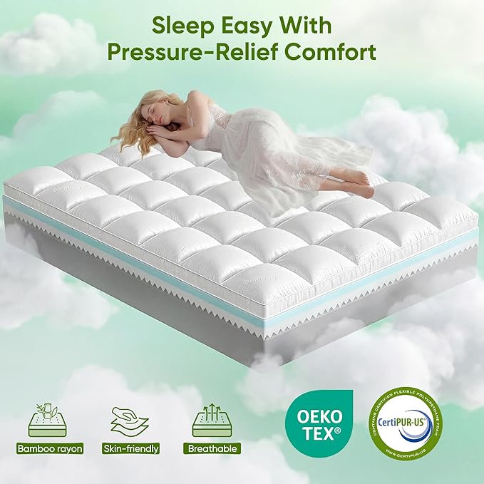 5 Inch Twin XL Mattress Topper,Memory Foam Mattress Toppers-2.5" Cooling Gel Foam Mattress Pad+2.5" 1500GSM Thick Bamboo Pillow Top with 2X Soft and Supportive for Back Pain Relief,80 * 39 * 5in