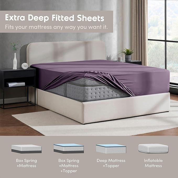 Nestl 4 Pack Purple Fitted Sheet Extra Deep Pocket, Hotel Luxury FullFitted Sheet Only Easily Fits 18 to 24 Inch Mattress, Super Soft, Wrinkle-Free and Breathable with Corner Straps