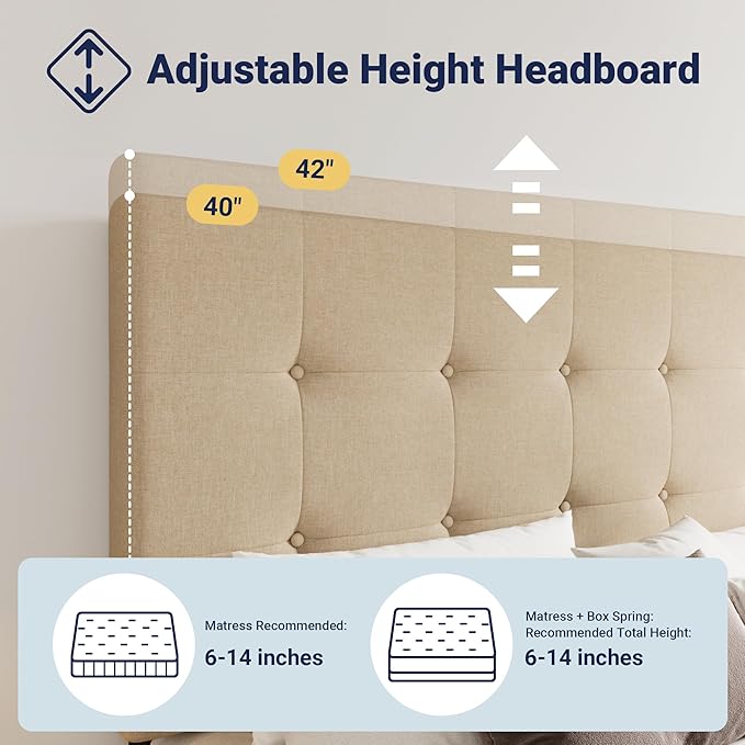 Allewie Upholstered Queen Size Platform Bed Frame with 4 Storage Drawers and Headboard, Square Stitched Button Tufted, Mattress Foundation with Wooden Slats Support, No Box Spring Needed, Beige