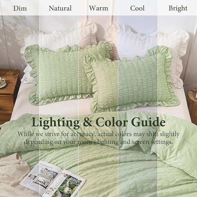 JOLLYVOGUE Sage Green Queen Comforter Set, 3 Pieces Seersucker Comforters Queen Size, Lightweight & Fluffy Bedding Sets Queen for All Season with 1 Ruffle Comforter and 2 Ruffle Pillowshams