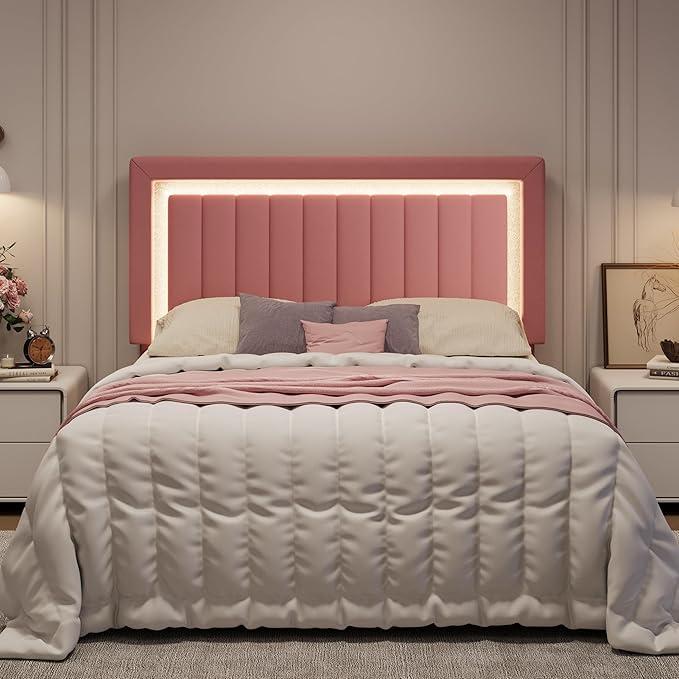 SHA CERLIN Full Size Velvet Bed Frame with LED Light, Adjustable Vertical Channel Tufted Headboard, Strong Wooden Slats Support, Noise-Free, No Box Spring Needed, Pink