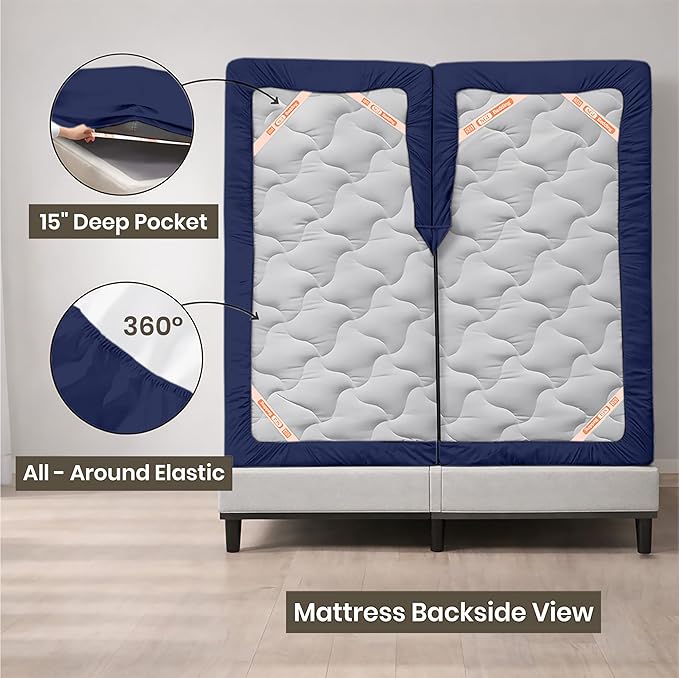 SGI bedding 34" Cal King Split Top Flex Head Sheet 100% Egyptian Cotton Sheet Set 1000 Thread Count Flex Top Sheet for Adjustable Bed 4Pc Sheet Set 15" Deep Pocket for Sleep Number Bed - Navy Blue