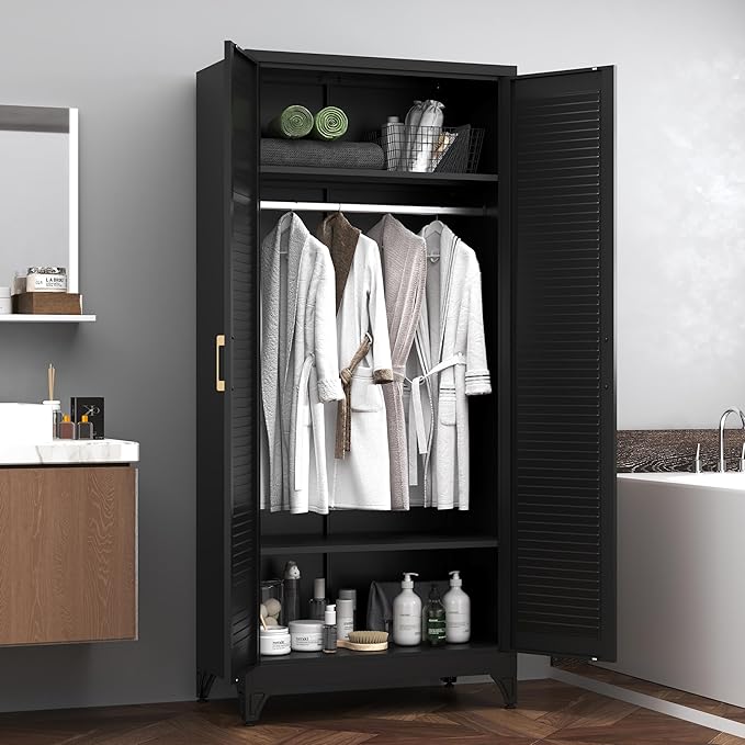 SteeLoong 71" Metal Wardrobe Cabinet with Hanging Rod, Armoire Wardrobe Closet with Doors and Adjustable Shelves, Black Clothing Storage Cabinets for Bedroom Office,School,Hospital