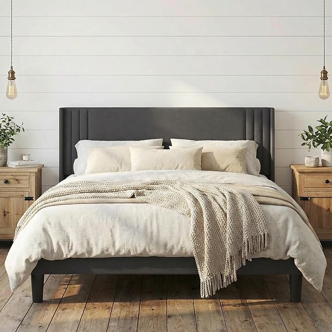 Gizoon Full Bed Frame with Wingback Headboard, Upholstered Platform Bed with Modern Geometric Headboard, Wooden Slats, Noise-Free, No Box Spring Needed