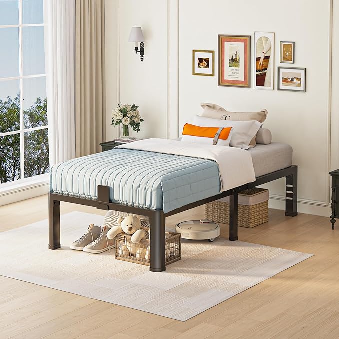 Yitong Angel 14 inch Twin XL Bed Frame with Rounded Corner Legs and Headboard Hole Mattress Slide Stopper 3500 LBS Heavy Duty Support Metal Platform,No Box Spring Needed, Noise Free,Easy Assembly