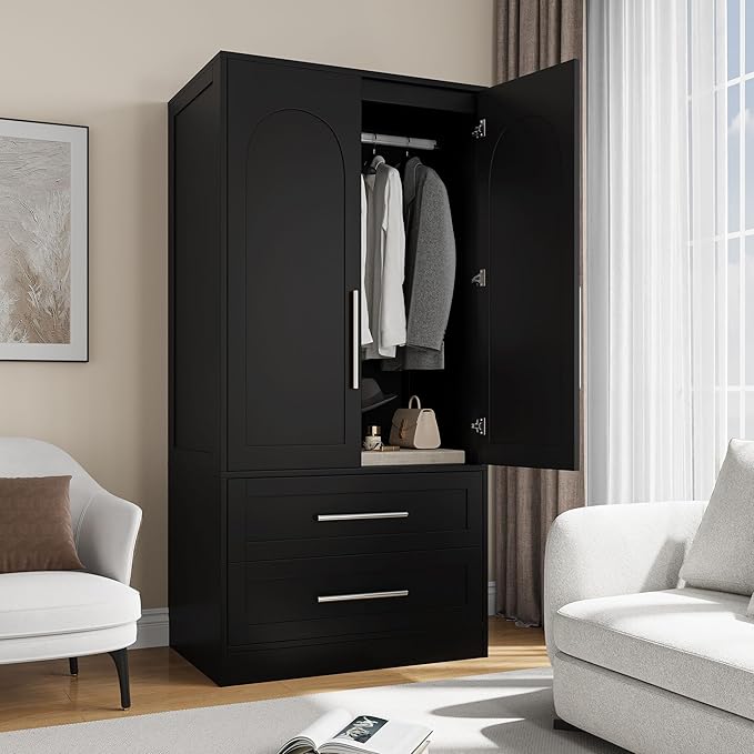 Einhomn Wooden Armoire Wardrobe Closet with 2 Doors and 2 Drawers,Freestanding Armoire Storage Cabinet with Shelves,Tall Clothing Storage Cabinet Suitable for Bedroom,Black