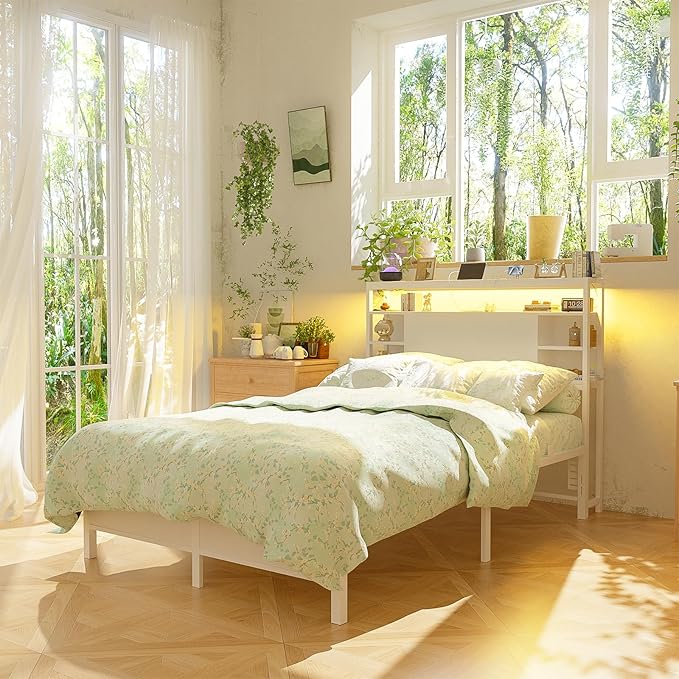Unikito Twin Headboard with Storage, Headboard with Power Outlets and Smart LED Lights, Sturdy Head Board for Twin Size Bed, Stable Headboards Only for Bedroom, Dorm Room, Guest Room, White